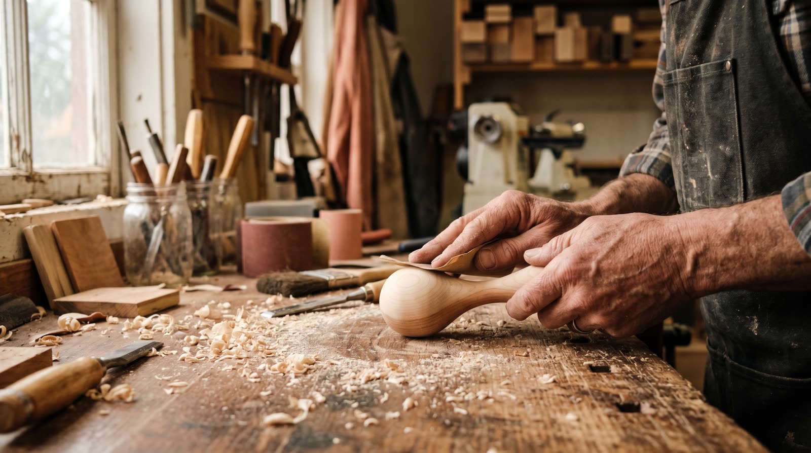 A craftsperson's hands smoothing a handmade wooden baby toy